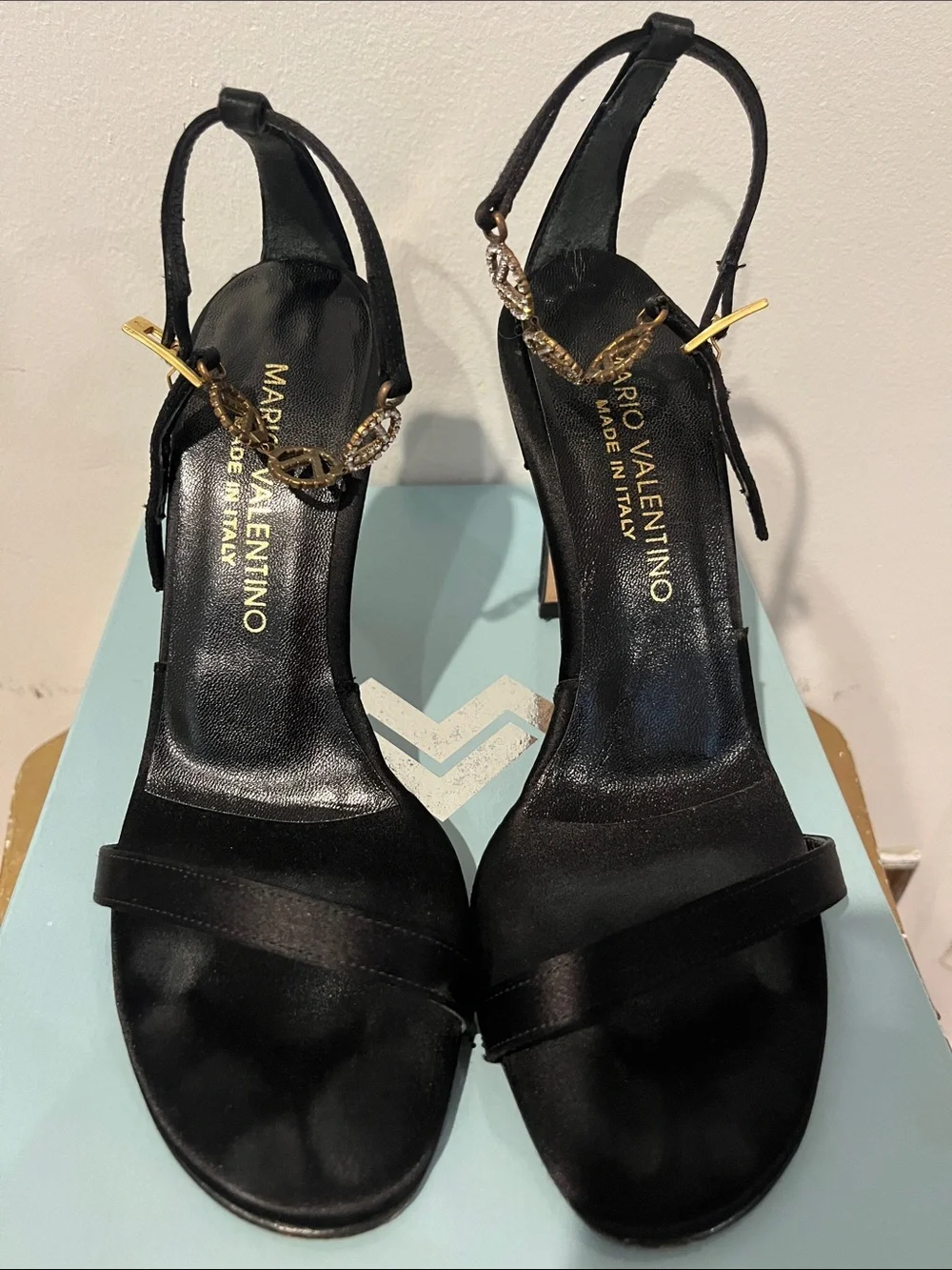 Mario Valentino Black Satin Rhinestone Logo Slingback Heels
